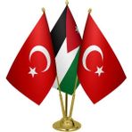 Satürn Design Masaüstü Ürdün Bayrağı Türk Bayrağı Üçlü Pirinç Direk Masa Bayrak Seti