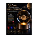 Saturn Hedixo Hediyem Satürn Gezegen Tasarımlı Işıklı Cam Küre 3D Kristal LED Dekoratif Gece Lambası 7x10 cm