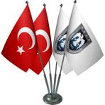 Satürn Masa Üstü Hava Kuvvetleri Bayrağı Türk Bayrağı Dörtlü Krom Direk Masa Bayrak Seti - Renkli