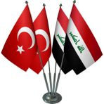 Satürn Masa Üstü Irak Bayrağı Türk Bayrağı Dörtlü Krom Direk Masa Bayrak Seti