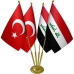 Satürn Masa Üstü Irak Bayrağı Türk Bayrağı Dörtlü Pirinç Direk Masa Bayrak Seti