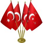 Satürn Masa Üstü Ittihat ve Terakki Sancağı Türk Bayrağı Dörtlü Pirinç Direk Masa Bayrak Seti