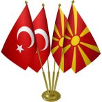 Satürn Masa Üstü Makedonya Bayrağı Türk Bayrağı Dörtlü Pirinç Direk Masa Bayrak Seti