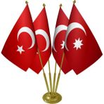 Satürn Masa Üstü Osmanlı Devleti Bayrağı Türk Bayrağı Dörtlü Pirinç Direk Masa Bayrak Seti