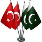 Satürn Masa Üstü Pakistan Bayrağı Türk Bayrağı Dörtlü Krom Direk Masa Bayrak Seti - Renkli