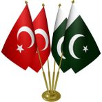 Satürn Masa Üstü Pakistan Bayrağı Türk Bayrağı Dörtlü Pirinç Direk Masa Bayrak Seti