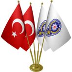Satürn Masa Üstü Polis Arması Bayrağı Türk Bayrağı Dörtlü Pirinç Direk Masa Bayrak Seti - Renkli