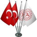 Satürn Masa Üstü Sağlık Bakanlığı Bayrağı Türk Bayrağı Dörtlü Krom Direk Masa Bayrak Seti - Renkli