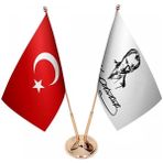 Satürn Masaüstü Atatürk Imzalı Bayrağı Türk Bayrağı Ikili Pirinç Direk Masa Bayrak Seti