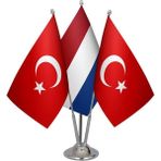 Satürn Masaüstü Hollanda Bayrağı Türk Bayrağı Üçlü Krom Direk Masa Bayrak Seti