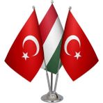 Satürn Masaüstü Macaristan Bayrağı Türk Bayrağı Üçlü Krom Direk Masa Bayrak Seti