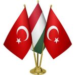 Satürn Masaüstü Macaristan Bayrağı Türk Bayrağı Üçlü Pirinç Direk Masa Bayrak Seti