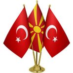 Satürn Masaüstü Makedonya Bayrağı Türk Bayrağı Üçlü Pirinç Direk Masa Bayrak Seti
