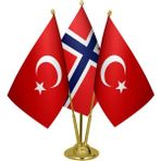Satürn Masaüstü Norveç Bayrağı Türk Bayrağı Üçlü Pirinç Direk Masa Bayrak Seti