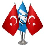 Satürn Masaüstü Selçuklu Devleti Bayrağı Türk Bayrağı Üçlü Krom Direk Masa Bayrak Seti