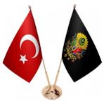 Satürn Masaüstü Siyah Osmanlı Arması Bayrağı Türk Bayrağı Ikili Pirinç Direk Masa Bayrak Seti