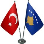 Saturndesign Masaüstü Kosova Bayrağı Türk Bayrağı İkili Krom Direk Masa Bayrak Seti