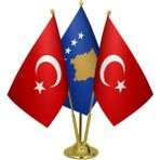 Saturndesign Masaüstü Kosova Bayrağı Türk Bayrağı Üçlü Pirinç Direk Masa Bayrak Seti