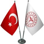 Saturndesign Masaüstü Sağlık Bakanlığı Bayrağı Türk Bayrağı İkili Krom Direk Masa Bayrak Seti