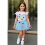Savorzy Ponponlu Tshirt Tütü Etek Takım - Mavi - Beyaz - 2 - 3 Yaş