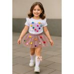 Savorzy Ponponlu Tshirt Tütü Etek Takım - Pembe - Beyaz - 4 - 5 Yaş