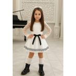 Savorzy Tül Kollu Siyah Kuşaklı Çocuk Elbise - 3 - 4 Yaş - Beyaz