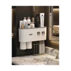 Sayarmarkt Çift Dispenserli Diş Macunu Sıkacağı 6 Fırçalık Bardaklı Banyo Organizer