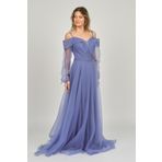 Saygın 0991373 Mavi Kadın İşlemeli Tül Detaylı Abiye Elbise