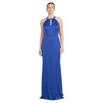 Saygın Halter Yaka Taşlı Balık Form Saten Abiye Elbise, 38, 81992025620, Saks, Kadın