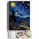 Sayılarla Boyama Çerçeveli Hobi Seti Numaralı Tuval Fırça Boya Kasnaklı Yıldızlı Gece Köy 40x50 Cm
