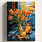 Sayılarla Boyama Tuval Hobi Seti LALELER VE GECE Temalı Fırça ve Boya Dahil Set (Çıtalı) 40x50 CM Kendin Yap Sayılarla Tuval Boya Kiti (KASNAKLI)