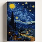 Sayılarla Boyama Tuval Hobi Seti YILDIZLI GECE KÖY Temalı Fırça ve Boya Dahil Set (Çıtalı) 40x50 CM Kendin Yap Sayılarla Tuval Boya Kiti (KASNAKLI)