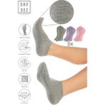 Saysez Bambu Kadın Kaydırmaz Beyaz Taban Silikon Baskı Pilates Yoga Fitness Dans Aktivite Patik Çorabı 3'lü - Gri - Pembe - Lila - 36 - 40