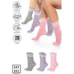 Saysez Bambu Unisex Tenis Kolej Çizgili Premium Dikişsiz Soket Çorap 3'lü Paket - Gri - Pembe - Lila - 36 - 42