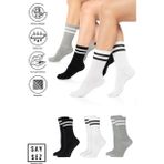 Saysez Bambu Unisex Tenis Kolej Çizgili Premium Dikişsiz Soket Çorap 3'lü Paket / Spor - Günlük Kullanım - Siyah - Beyaz - Gri - 36 - 42