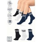 Saysez Bambu Unisex Tenis Kolej Çizgili Siyah-Beyaz-Lacivert Premium Dikişsiz Soket Çorap 3'lü Paket - 36 - 42 - Siyah - Beyaz - Lacivert
