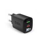 SBS Çok Bağlantı Noktalı Şarj Cihazı 30 W LCD, 1 USB-C Bağlantısı ve 1 USB-A Soketi, EU Fiş, Power Delivery, Android Akıllı Telefonlar, iPhone, Tabletler, MacBook için İdeal