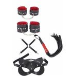 Scarlett Rose 700534 Kadın Siyah İçi Kırmızı Peluşlu 5'li Maske Kırbaç Kol ve Ayak Kelepçe Çapraz Aksesuar Seti
