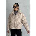 Schlank Kadın Bej Oversize Şişme Mont – Fermuarlı, Cepli Kışlık Mont - Standart