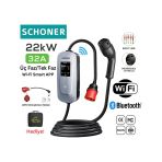 SCHONER 22KW Taşınabilir Elektrikli Araç Şarj İstasyonu Wi-Fi/Bluetooth Smart 5 Metre Tip2 Kablolu Trifaz/Monofaz 32A 22kW/11kW/7.66kW/3.5kW