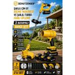 SCHUTZENGER 746RN 3 Akülü Şarjlı Turbo Fan Üfleme Makinesi ve Şarjlı Ot Çim Biçme Makinesi 7 Başlıklı Tırpan Set Sarı