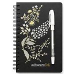 Schwarz Foil Siyah Sayfalı Sert Kapak Spiral Defter, Beyaz Kalem Hediyeli, 60 Sayfa, 14×20 cm, Gold, Beyaz Folyo Çiçek Desenli Siyah Kapak, Tam Açılabilir Spiral Cilt, Günlük Not İçin Premium Defter