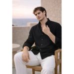 Scott – Soft Dokulu Yarım Oversize Modern Keten Görünümlü Erkek Gömlek - Siyah