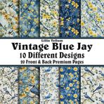 Scrapbook Paper - 20 Front and Back Premium Color Pages: Vintage Blue Jay of Spring - Yellow Fower and Leaf Patterns for Easter - 8.5"x8.5"