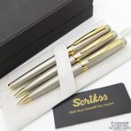 Scrikss 38 Saten Altın Roller + Tükenmez+Versatil Kalem Seti Scrikss Honour Yeni Ahşap-Deri