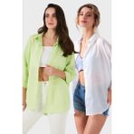 Sd Luxury Pamuk Karışımlı Oversize Fit Uzun Kollu 2'li Paket Gömlek Bayan Gömlek 6781001S2 - 40 - Beyaz - Fıstık Yeşili