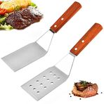 SDFSA 2 Parça Paslanmaz Çelik Spatula Seti, Kazıyıcı Spatula Turner, Burger Turner Spatula, Paslanmaz Çelik Delikli Düz Spatula Pişirme Turner Teppanyaki, Barbekü, Biftek, Pizza için Ahşap Saplı