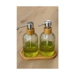 SDT Group 2’li Cam Sıvı Sabunluk Seti – Füme Renk, 300 ml Şeffaf Cam Gövde, Doğal Bambu Başlık ve Stand – Modern Pompalı Dispenser – Banyo, Mutfak ve Lavabo Üstü Kullanım Için Uygun - 0,25 gr