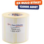 SDT Group Eko Termal Rulo Etiket, 75MM x 30MM 12000 Adet 8 Rulo 40MM Çapı Barkod Yazıcılar ile Uyumludur, Ribon Kullanmadan Yazdırılabilir.