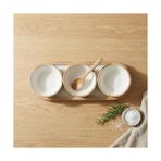 SDT Group Mango Ağacı Standlı 3'lü Kase Seti - Içi Kaplama Doğal Ahşap Çerezlik ve Sosluk - 30 cm Sunum Tepsili Dekoratif Set (Düz Desen) - Option-1